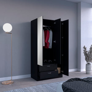 English Elm Riverside Mirrored Armoire with Three Doors, Two Drawers, Four Shelves and Hanging Rod for Wardrobe Organization Black 71 L x 16.9 W x 3.9 H B070S00215