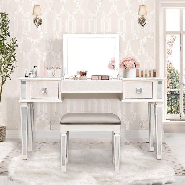 English Elm Mirrored Vanity Desk with Drawers and Flip-Up Mirror, Silver PU Stool, Crystal Knobs, Storage Elegance W2170P209976