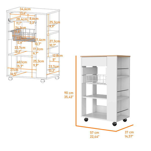 English Elm Shelton Rolling Kitchen Cart with Open Shelves Drawer and Hanging Utensil Rack B128S00144