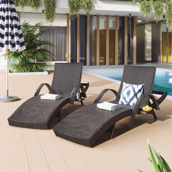 English Elm K&K 80" Outdoor Wicker Chaise Lounge Set of 2 with 2000H UV Wicker, Pull-Out Side Table, 4-Position Recliner Dark Brown WF321204AAD