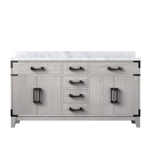 English Elm White Oak Double Bath Vanity 60" W X 22" D With Polished Carrara Marble Top & Ample Storage Solutions B2731P259866-GIGA