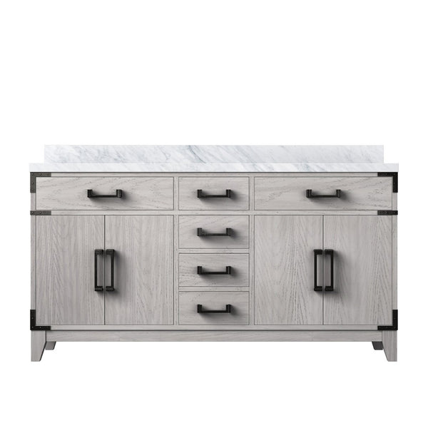 English Elm White Oak Double Bath Vanity 60" W X 22" D With Polished Carrara Marble Top & Ample Storage Solutions B2731P259866-GIGA