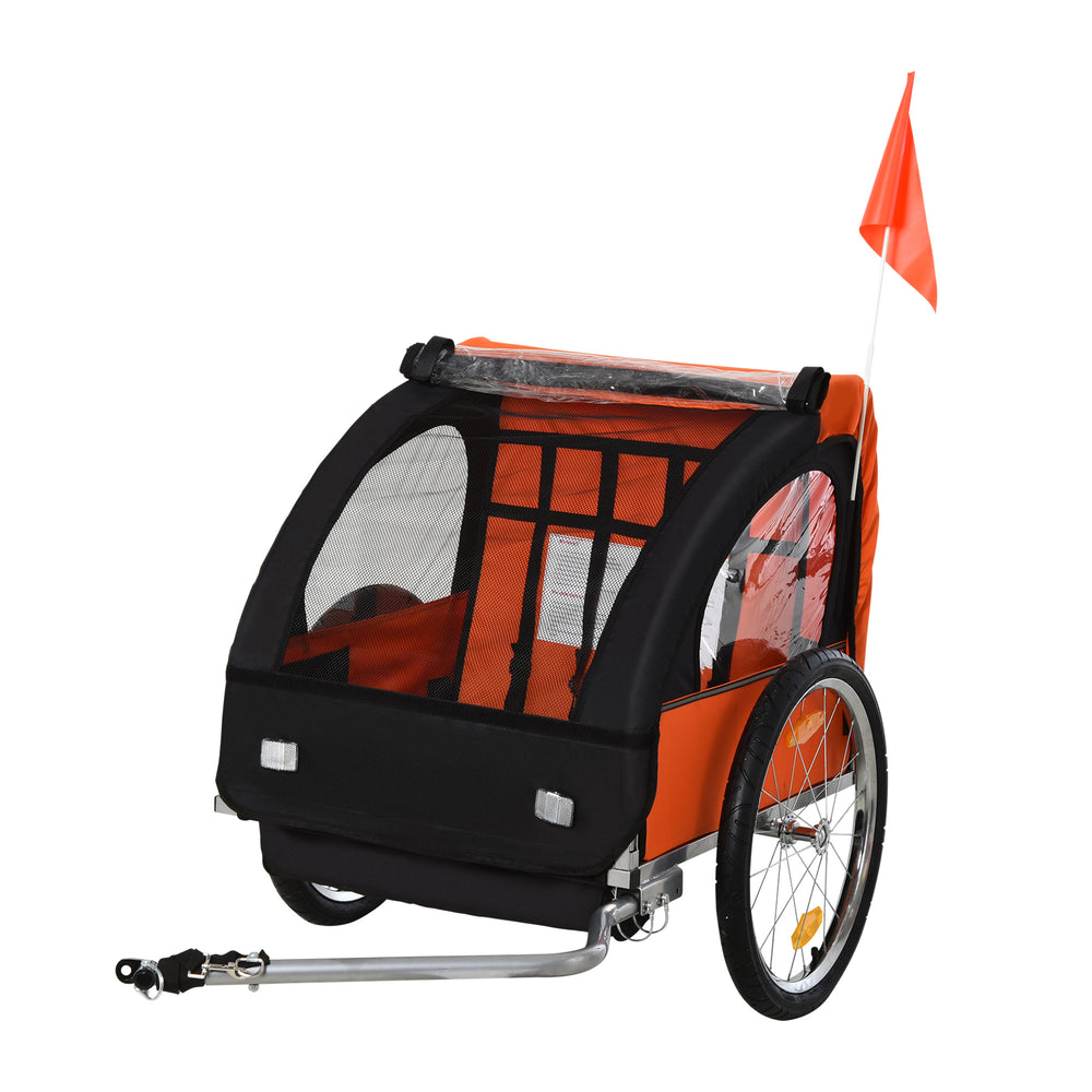 English Elm Aosom Two Seat Kids Bike Trailer Steel Frame with Safety Harness and Mesh Windows W2225P229089