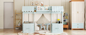 English Elm Full Loft Bed With Playful Cottage Design, Built-In Bookshelf, Curtain & Safety Guardrails For Kids W1580S00360