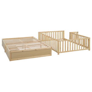English Elm Full Size Pinewood Kids Daybed with Fence Rails Split Floor Bed and Storage Drawers Natural LP100882AAN