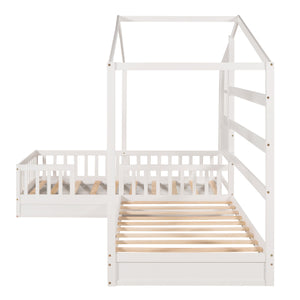 English Elm Wood House Twin L-shaped Kids Bed Solid Pine Playhouse Frame with Slatted Support LP001345AAK