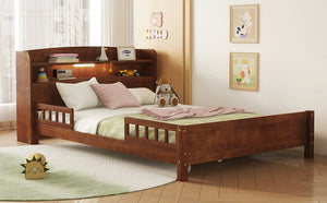 English Elm Full Pine Wood Bed with Bookcase Headboard, LED Motion Sensor, Guardrails & Ample Walnut Storage W504P281004