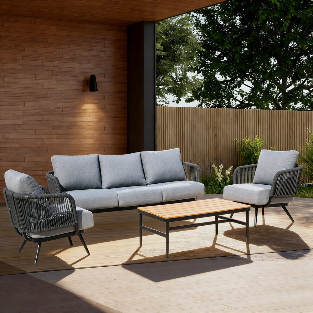 English Elm 4-piece Outdoor Woven Rope Conversation Set with Swivel Chairs and Resort Style T5880S00021