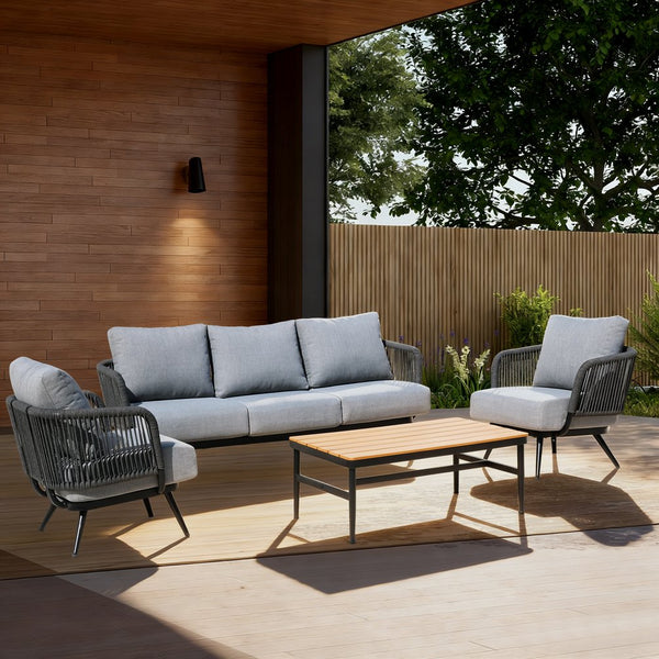 English Elm 4-piece Outdoor Woven Rope Conversation Set with Swivel Chairs and Resort Style T5880S00021