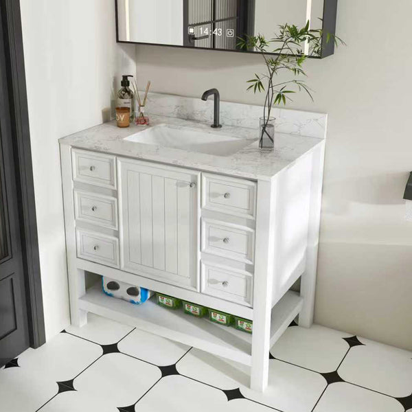 English Elm Modern 37" Bathroom Vanity With Carrara White Top - Sleek, Functional Storage & Easy Assembly! W509S00136
