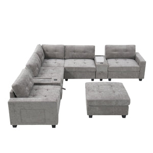 English Elm [new U-shaped Chenille Sectional Six Seat Tufted Couch with Usb Charging Storage Gray N723S1191E