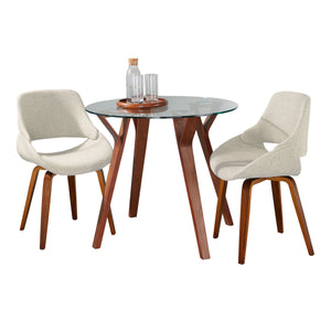 English Elm Folia 3 Piece Mid-century Dining Set Tempered Glass Top Walnut Legs Cream Chairs B202S01414