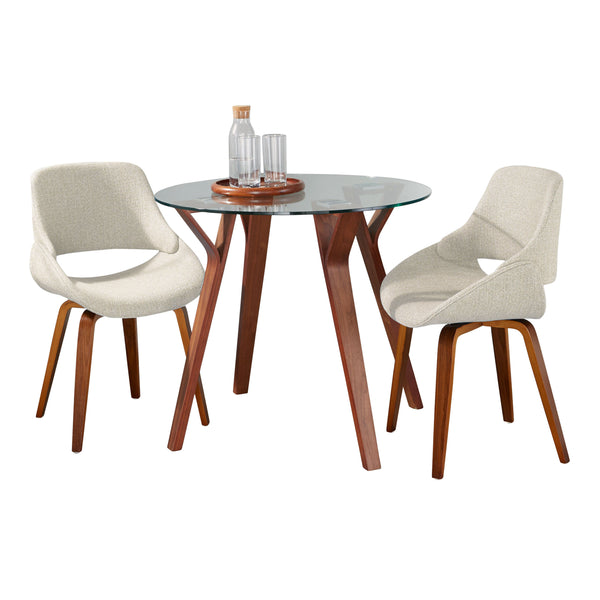 English Elm Folia 3 Piece Mid-century Dining Set Tempered Glass Top Walnut Legs Cream Chairs B202S01414