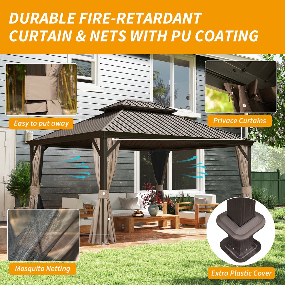 English Elm 12' X 14' Hardtop Gazebo with Drainage, Dual-Layer Galvanized Roof, Curtains & Mesh, Brown - Durable Outdoor Shelter for Patio and Garden (UV, Mosquito-Proof) W1859S00140