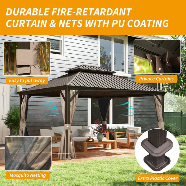 English Elm 12' X 14' Hardtop Gazebo with Drainage, Dual-Layer Galvanized Roof, Curtains & Mesh, Brown - Durable Outdoor Shelter for Patio and Garden (UV, Mosquito-Proof) W1859S00140