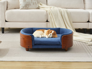 English Elm Scandinavian Elevated Pet Sofa Bed with Walnut Bent Wood Back, Velvet Stain-Resistant Fabric, Cozy Rest Dark Blue W794125923