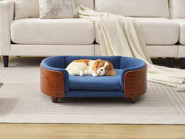 English Elm Scandinavian Elevated Pet Sofa Bed with Walnut Bent Wood Back, Velvet Stain-Resistant Fabric, Cozy Rest Dark Blue W794125923