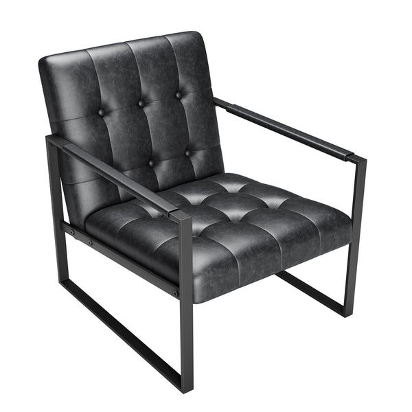 English Elm Accent Modern Upholstered Chair with Ottoman Black PU Linen, Plush Cushion, Metal Frame, Versatile Comfort for Living Room Office Bedside W578P357514