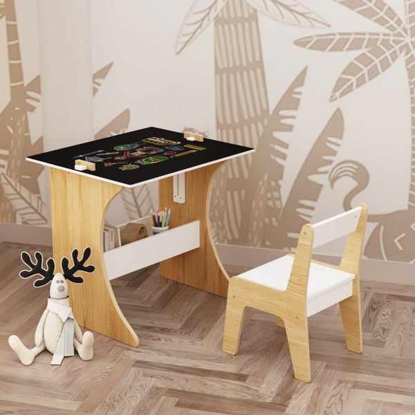 English Elm Kids Multifunctional Table Set with Chair, Convertible MDF Top for Study Drawing Play, White Natural Finish W808P293817