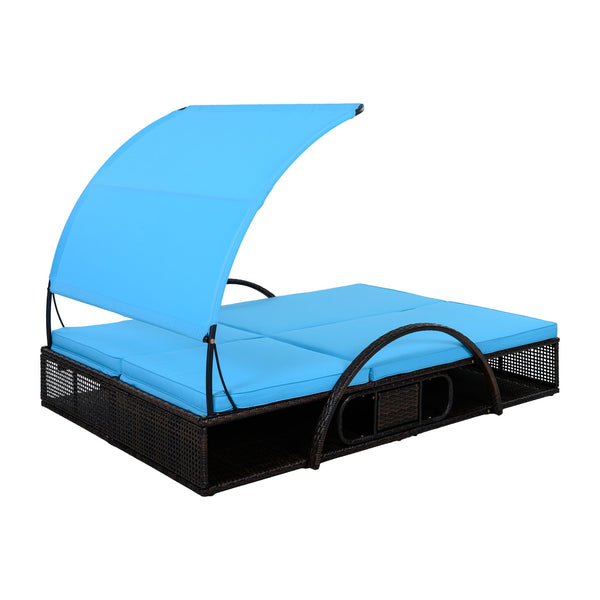 English Elm U_style Outdoor Double Sun Lounger Hdpe Wicker Steel Frame with Canopy Pop up Tables Blue WY000485AAC