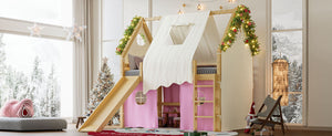 English Elm Full Size Pine Loft Bed with Slide Tent Panels Led Lights and Play Space Below W1580S00291