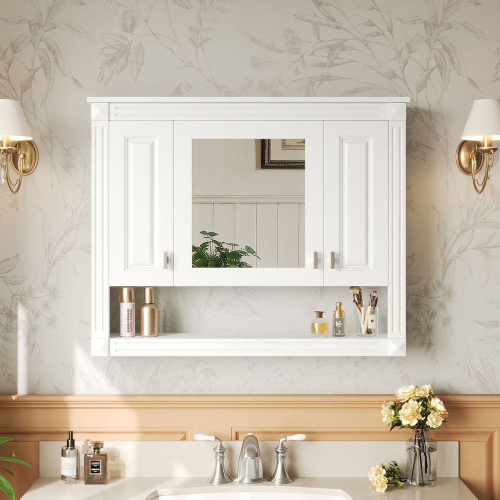 English Elm 35inch White Wall Mounted Medicine Cabinet Mirrored Doors Open Shelving Bathroom Storage N710P415335K