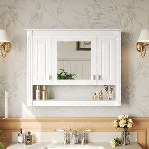 English Elm 35inch White Wall Mounted Medicine Cabinet Mirrored Doors Open Shelving Bathroom Storage N710P415335K