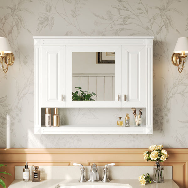 English Elm 35inch White Wall Mounted Medicine Cabinet Mirrored Doors Open Shelving Bathroom Storage N710P415335K