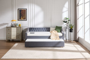 English Elm Twin Velvet Daybed with Pull Out Trundle Tufted Back Usb Port and Side Pockets Grey W1361S00036