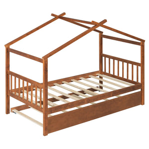 English Elm Twin House Bed with Pull Out Trundle Solid Pine Wood Frame Walnut Kids Room N708P309238L
