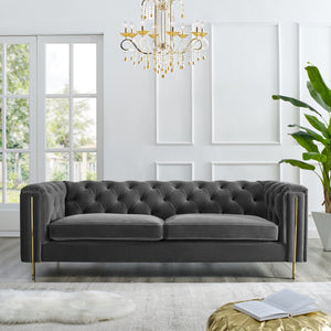 English Elm Steve Silver - Charlene Velvet Button Tufted Sofa with Chesterfield Rolled Arms, Brass Accents, Plush Foam Seating Dark Gray B081P157402
