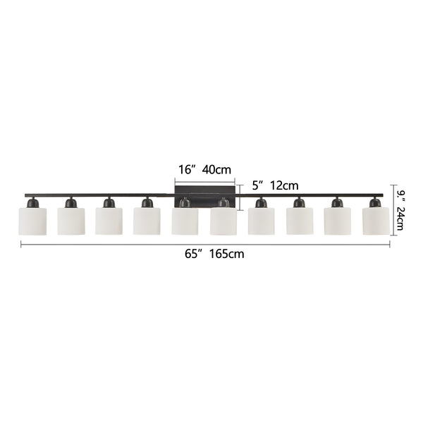 English Elm 10 Matte Black 10-Light Vanity Fixture 65.4" Over Mirror with White Glass Shades, Modern Wall Lighting W2312P374850