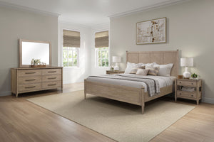 English Elm King Lo-Post Bed Sand Finish — King-Sized Transitional Design with Herringbone Headboard, Mindi Veneer B2699S00019