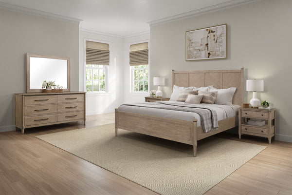 English Elm King Lo-Post Bed Sand Finish — King-Sized Transitional Design with Herringbone Headboard, Mindi Veneer B2699S00019