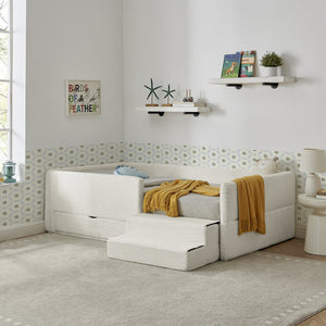 English Elm Twin Boucle Upholstered Kids Bed with Guardrails Built in Storage and Cushioned Step Stool Beige W1413P433364