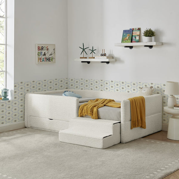 English Elm Twin Boucle Upholstered Kids Bed with Guardrails Built in Storage and Cushioned Step Stool Beige W1413P433364