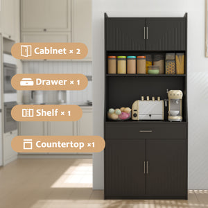 English Elm 71" Kitchen Storage Cabinet with Charging Station, Black MDF Pantry, Anti-Tip, Drawer & Countertop W2227P160486