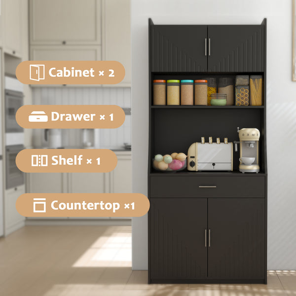 English Elm 71" Kitchen Storage Cabinet with Charging Station, Black MDF Pantry, Anti-Tip, Drawer & Countertop W2227P160486