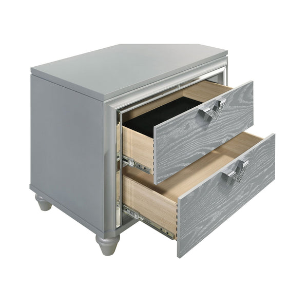 English Elm Delacroix Light Silver Nightstand with 2 Drawers, Felt-Lined Top, V-Shaped Crystal Pulls & Silver Trim B062P299982