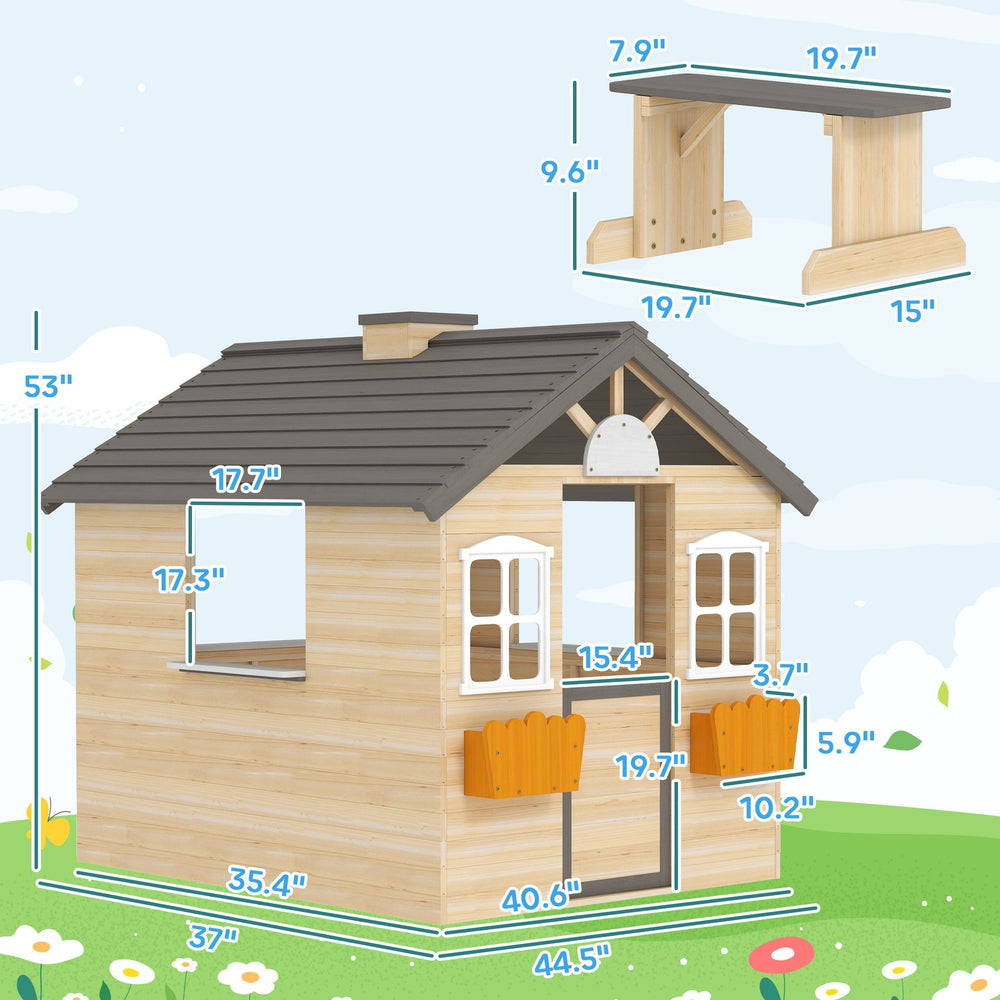 English Elm Kids Solid Fir Outdoor Playhouse with Bench Service Station and Flowerpot Holders T3971P439336