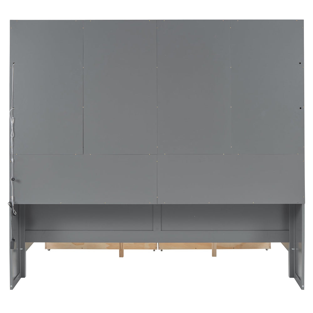 English Elm Full Size Wooden Daybed With Stylish Led Lighting, Glass Storage Cabinets & Versatile Shelves In Gray N820S00051E