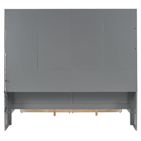 English Elm Full Size Wooden Daybed With Stylish Led Lighting, Glass Storage Cabinets & Versatile Shelves In Gray N820S00051E