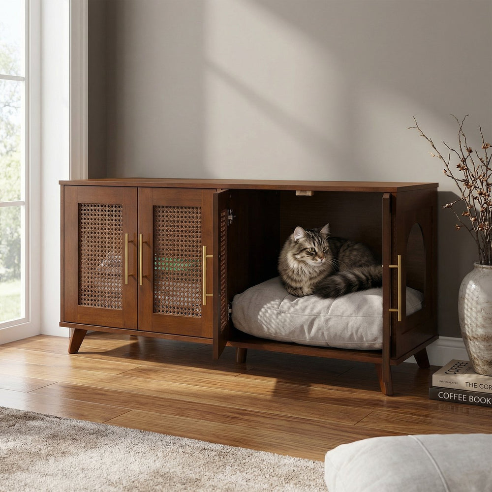 English Elm Lars Rubberwood Rattan Dog Crate Cabinet Stylish Pet Kennel for Living Room Walnut N775P397559W