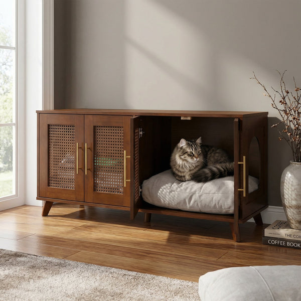 English Elm Lars Rubberwood Rattan Dog Crate Cabinet Stylish Pet Kennel for Living Room Walnut N775P397559W