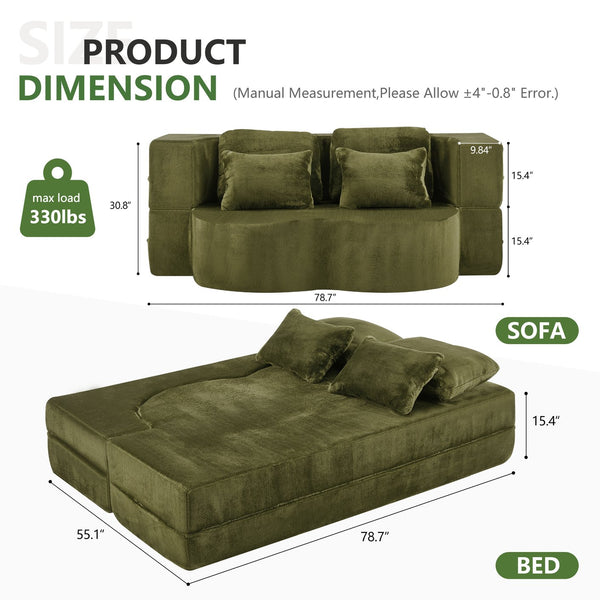 English Elm Queen Foldable Sofa Bed with Plush Chenille Cover, High-Density Foam Convertible Futon for Living Room Guest Room Bedroom Green W1829P348207