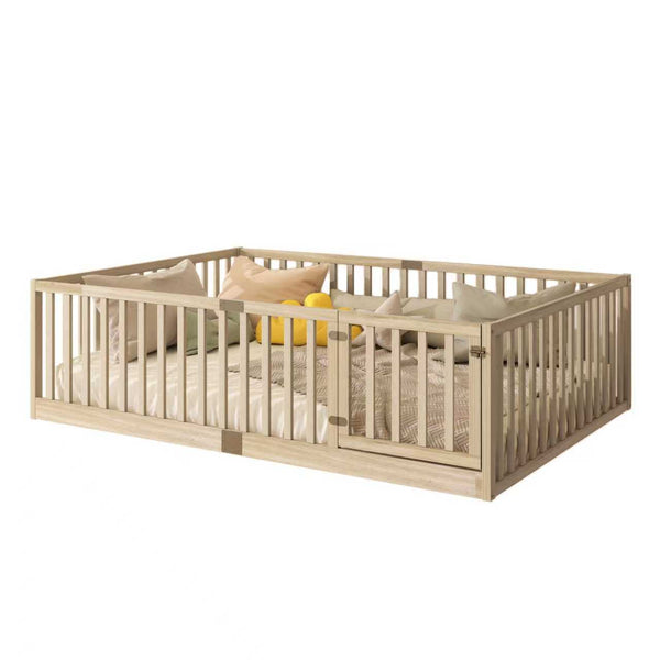 English Elm Twin Montessori Floor Bed Solid Rubber Wood with Safety Fence Rails Toddler Room W504P411200