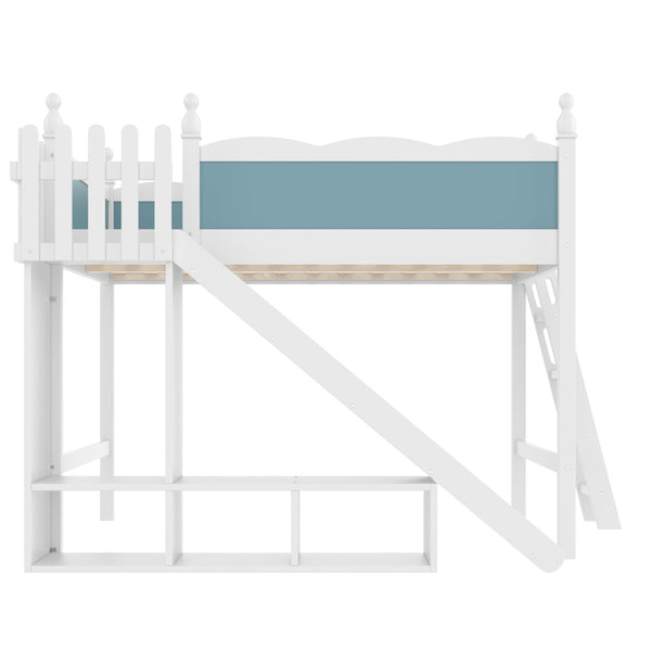 English Elm Queen Loft Bed With Storage Shelves, Fun Detachable Slide, Solid Wood Design, Blue & White Finish W1580S00249-GIGA
