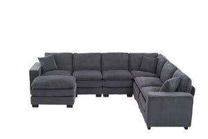 English Elm Modern U Shaped 6-Seat Sectional Sofa with Ottoman and 3 Toss Pillows, Corduroy Modular Comfort and Durable Frame Grey W2363S00041