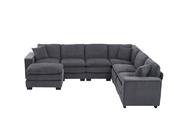 English Elm Modern U Shaped 6-Seat Sectional Sofa with Ottoman and 3 Toss Pillows, Corduroy Modular Comfort and Durable Frame Grey W2363S00041