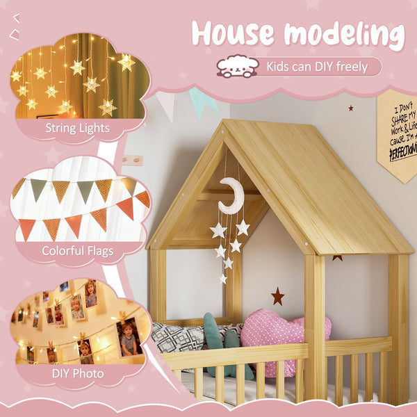 English Elm Twin House Floor Bed with Door & Full-Length Guardrails, Solid Wood Twin Loft Alternative for Kids Natural W1580P327129